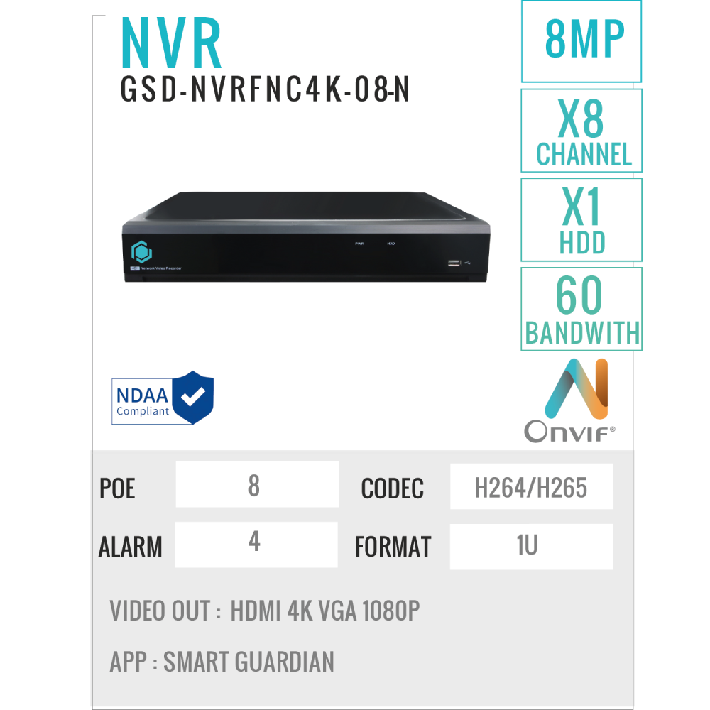 G.S.D. NETWORK VIDEO RECORDER (GSD-NVRFNC4K-08-N)